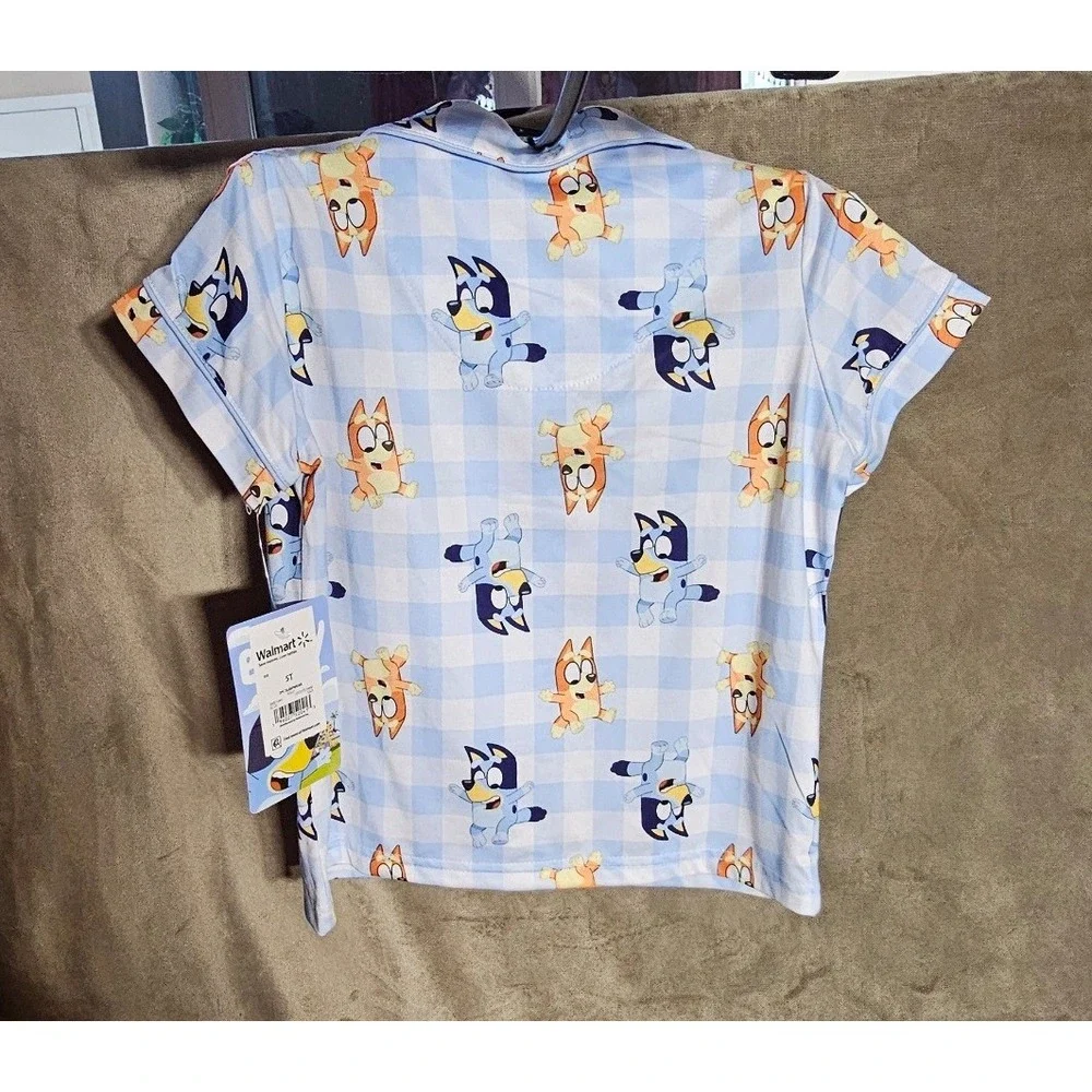 Bluey Bingo Kids 2PC Pajama Set Blue Gingham Button Down Shirt Shorts 5T NEW